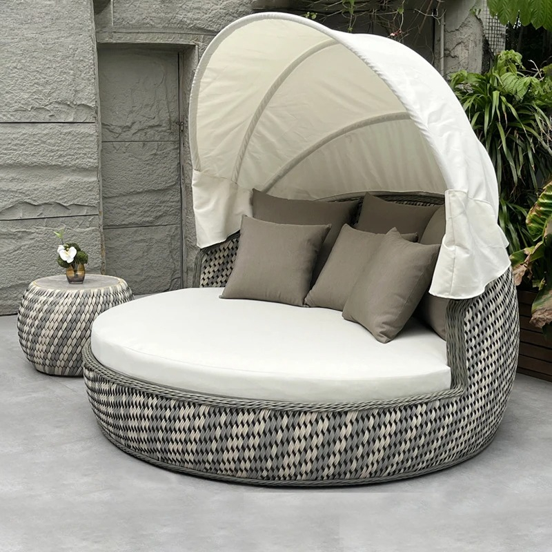Rattan Lounge Set - Sofá Cama Redondo de Mimbre Anti-UV